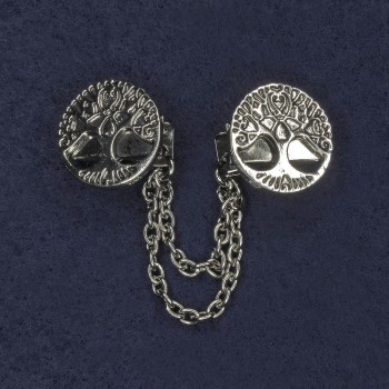 Brosche für Cardigans aus silberfarbenem Metall, Durchmesser ca. 20 mm, Kette ca. 9 cm lang