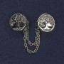 Brosche für Cardigans aus silberfarbenem Metall, Durchmesser ca. 20 mm, Kette ca. 9 cm lang