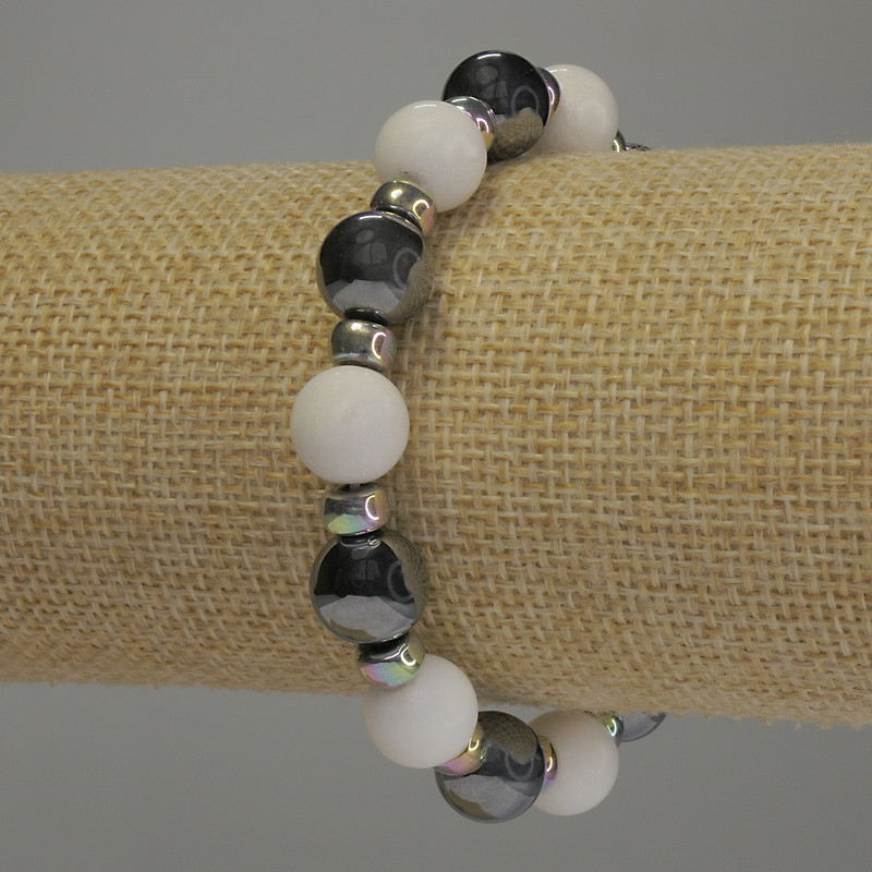 Armband aus Achat und Hämatit – glatte Kugeln ca. 10 mm Durchmesser, Rondellen 6×4 mm, Länge 18 cm, elastisch