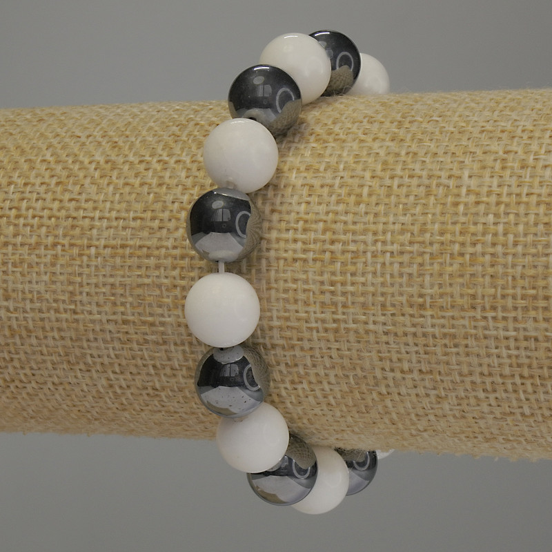 Achat- und Hämatit-Armband, glatte Kugeln, Durchmesser ca. 10 mm, Länge 18 cm, Stretch