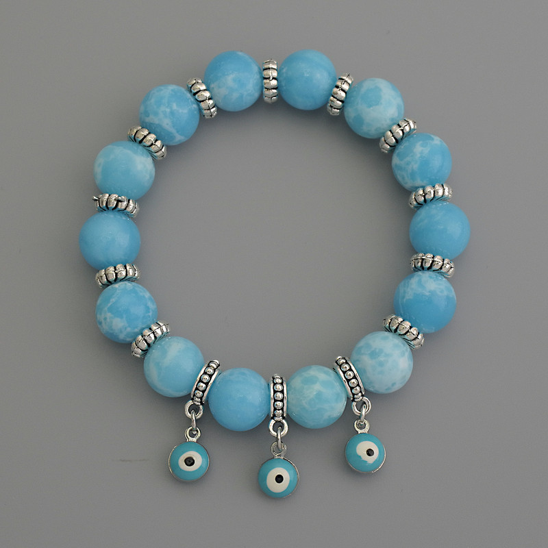 Armband aus Larimar – glatte Kugeln, Durchmesser ca. 10 mm, mit Metall-Einlagen, Länge 18 cm, elastisch