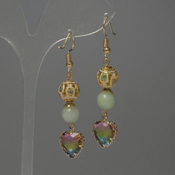 Ohrringe aus Nephrit-Kugel, Durchmesser ca. 7×5 mm, Cloisonné-Emaille 10 mm, Kristall in der Fassung ca. 12 mm, Länge ca. 57 mm
