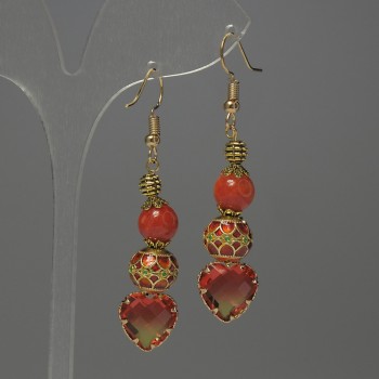 Ohrringe Koralle (künstlich) Kugel, Durchmesser 8 mm ±, Cloisonné 10 mm ±, Kristall in Fassung 13 mm ±, Länge 56 mm ±