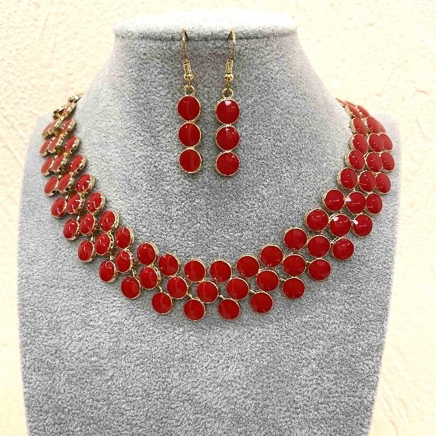 Set Halskette und Ohrringe 'Beeren', goldfarbenes Metall und roter Glanz