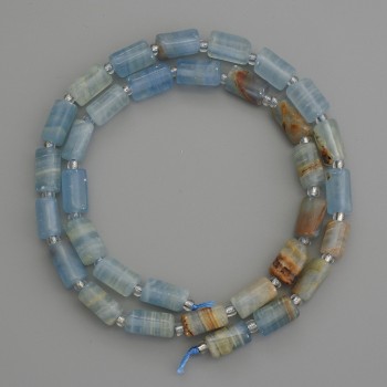 Blaue Calcit-Zylinderperlen 10×6 mm ± mit Rocailles 3 mm ± auf Schnur, Länge 40 cm+