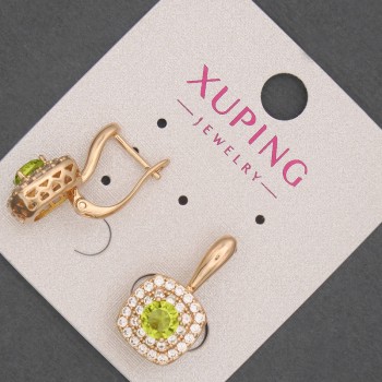 Ohrringe Xuping mit weißen Strasssteinen und olivgrünem Kristall, Durchmesser ca. 12 mm, Länge ca. 20 mm, 18K-Vergoldung
