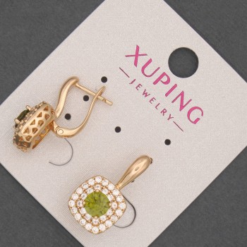 Ohrringe Xuping mit weißen Strasssteinen und olivgrünem Kristall, Durchmesser ca. 12 mm, Länge ca. 20 mm, Vergoldung 18K