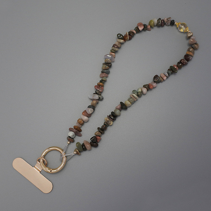 Telefonanhänger aus Jaspis-Krümel 6–10×2,5 mm ± Ring, Ø 24 mm, geeignet für Ohrlöcher, Länge ca. 40 cm (an den Perlen gemessen, Länge 37 cm)