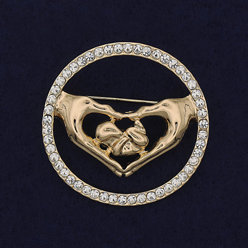 Herz-Brosche mit weißen Strasssteinen, goldfarbenes Metall, 38 mm+