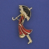 Brosche/Anhänger „Mädchen mit Regenschirm“ mit weißen Strasssteinen, goldfarbenes Metall, 48 × 24 mm+