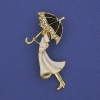 Brosche/Anhänger – Mädchen mit Regenschirm, weiße Strasssteine, goldfarbenes Metall, 48×24 mm+