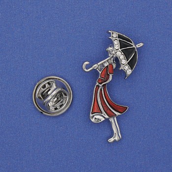 Brosche 'Mädchen mit Regenschirm' – goldfarbenes Metall, rote Emaille