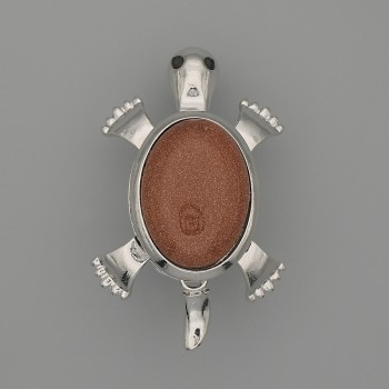 Brosche/Anhänger Schildkröte mit Aventurin – Goldener Sand, 52 × 35 mm ±, bewegliche Details, silbernes Metall