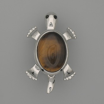 Brosche-Kettenanhänger Schildkröte mit Tigerauge 52×35 mm ± bewegliche Details, silberfarbenes Metall