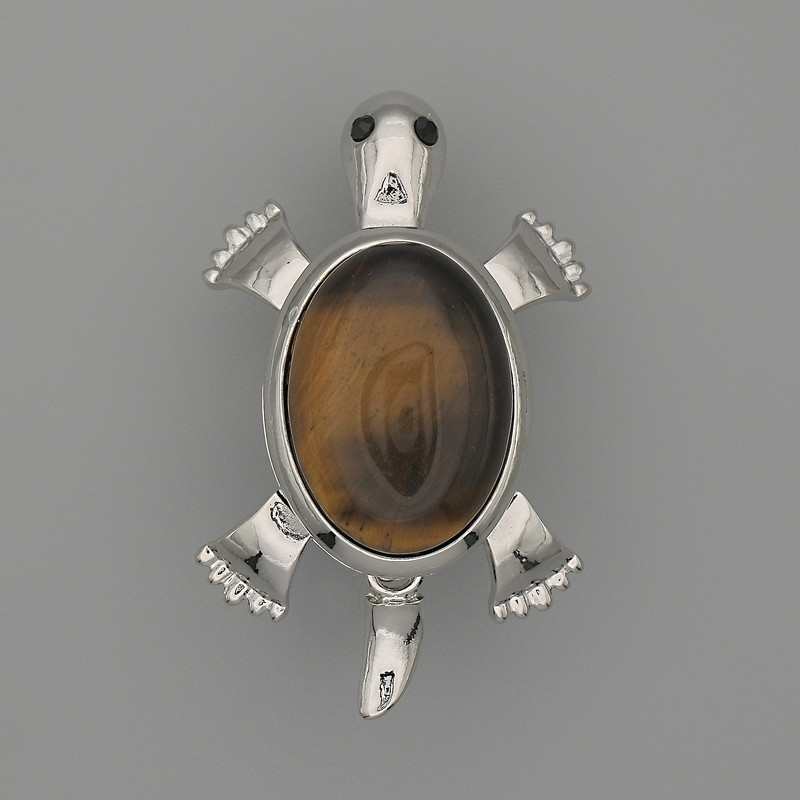 Brosche-Kettenanhänger Schildkröte mit Tigerauge 52×35 mm ± bewegliche Details, silberfarbenes Metall