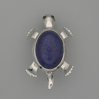 Brosche mit Anhänger Schildkröte aus Lazurit 52×35 mm ± bewegliche Teile, silbernes Metall