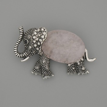 Brosche-Anhänger Elefant Rosenquarz 45×27 mm ± schwarze Strasssteine, silberfarbenes Metall