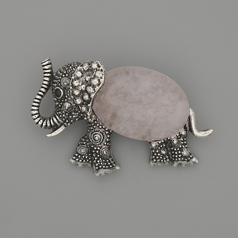 Brosche-Anhänger Elefant Rosenquarz 45×27 mm ± schwarze Strasssteine, silberfarbenes Metall