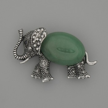 Brosche-Anhänger Elefant aus Nephrit 45×27 mm ± schwarze Strasssteine, silbernes Metall