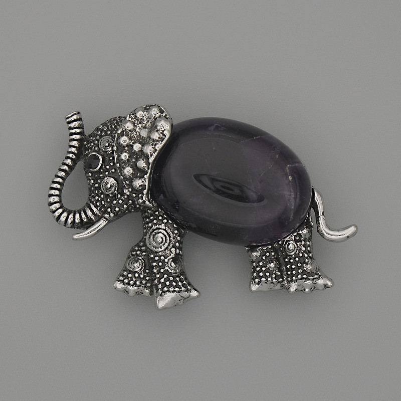 Brosche-Anhänger Elefant mit Amethyst, 45×27 mm ± silberfarbenes Metall, schwarze Strasssteine