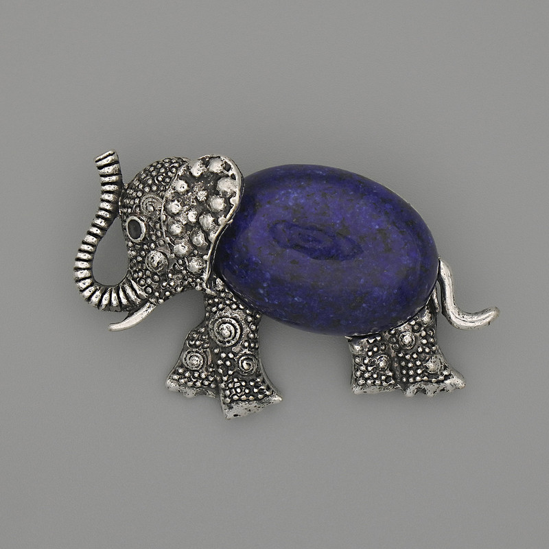 Brosche-Anhänger Elefant Lapis lazuli 45×27 mm± schwarze Strasssteine silberfarbenes Metall