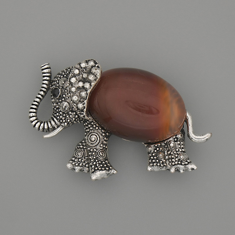 Brosche-Anhänger Elefant Karneol 45×27 mm ± schwarze Swarovski-Kristalle silberfarbenes Metall