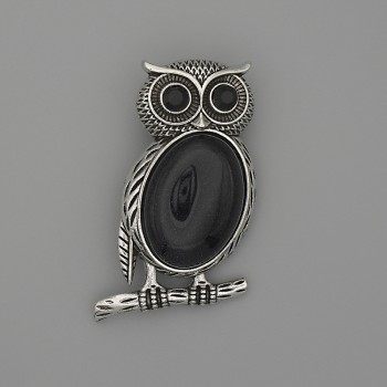 Brosche-Anhänger Eule Aventurin Nacht Kaïra, 45×25 mm ±, schwarze Strasssteine, silberfarbenes Metall