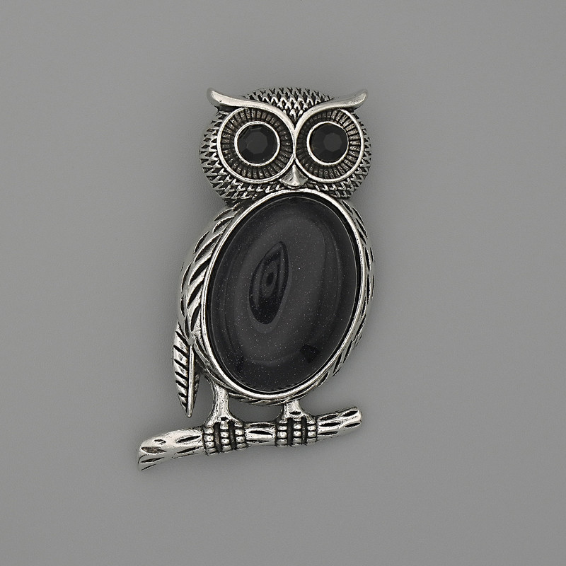 Brosche-Anhänger Eule Aventurin Nacht Kaïra, 45×25 mm ±, schwarze Strasssteine, silberfarbenes Metall