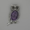 Brosche-Anhänger «Eule» mit Amethyst, 45 × 25 mm ± schwarze Akzente, silberfarbenes Metall
