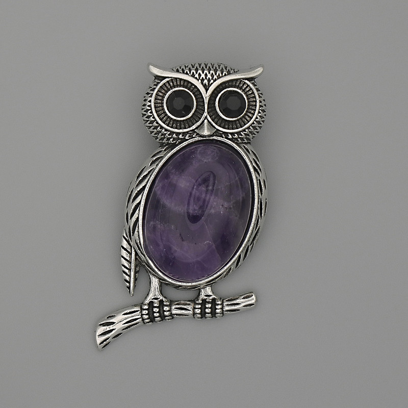 Brosche-Anhänger «Eule» mit Amethyst, 45 × 25 mm ± schwarze Akzente, silberfarbenes Metall