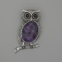 Brosche-Anhänger «Eule» mit Amethyst, 45 × 25 mm ± schwarze Akzente, silberfarbenes Metall