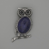 Brosche-Anhänger Eule mit Lapislazuli, 45 × 25 mm, +/- schwarze Strasssteine, silberfarbenes Metall