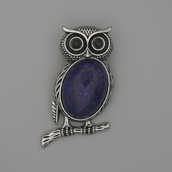 Brosche-Anhänger Eule mit Lapislazuli, 45 × 25 mm, +/- schwarze Strasssteine, silberfarbenes Metall