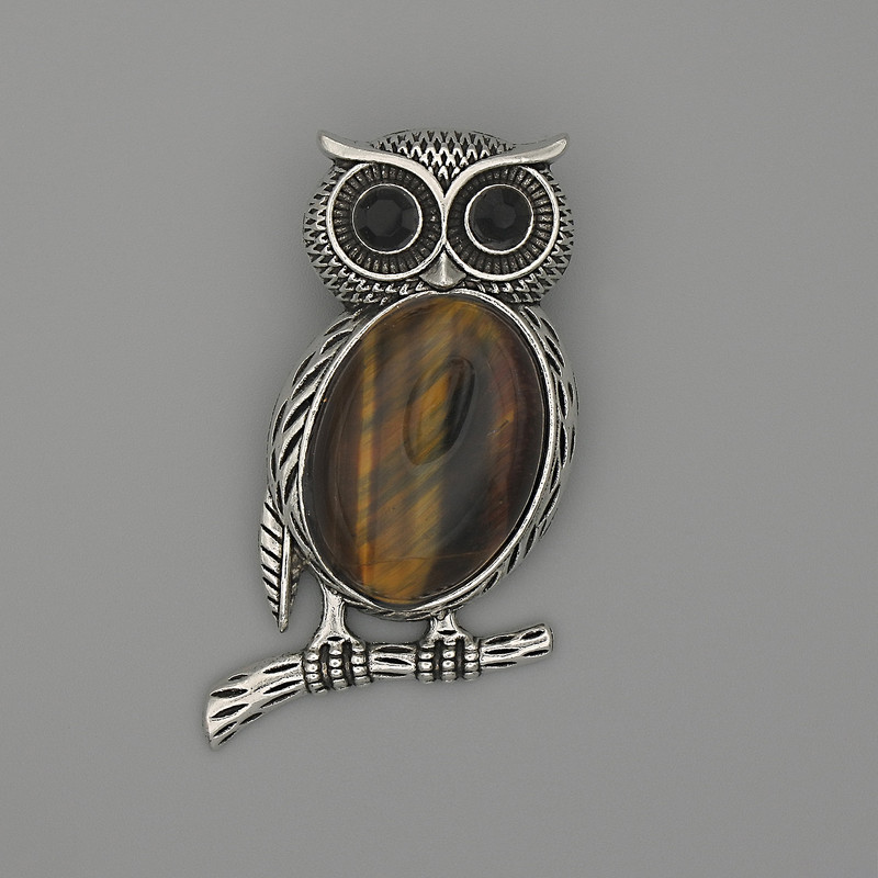 Brosche-Anhänger «Eule» mit Tigerauge, 45×25 mm ± silberfarbenem Metall und schwarzen Strasssteinen