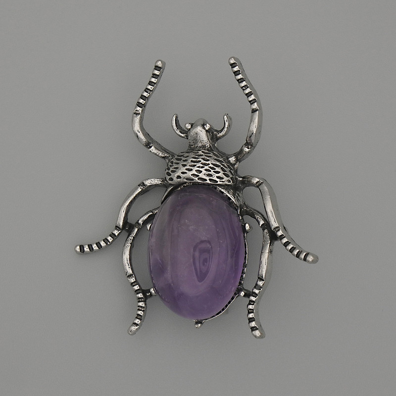 Brosche-Anhänger Käfer mit Amethyst, 44 × 37 mm, silberfarbenes Metall