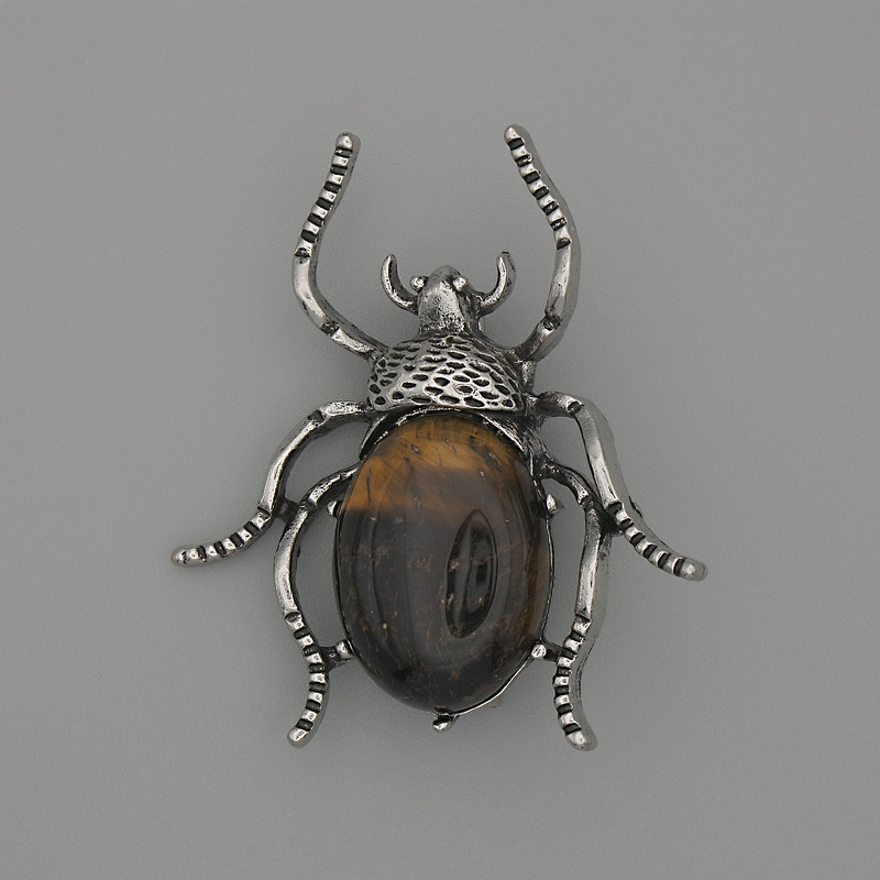 Brosche-Anhänger Käfer mit Tigerauge, 44 × 37 mm, silberfarbenes Metall