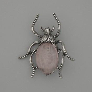 Brosche mit Anhänger „Käfer“ Rosenquarz 44×37 mm ± silberfarbenes Metall
