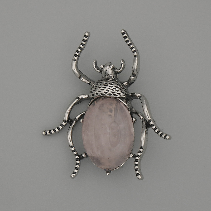 Brosche mit Anhänger „Käfer“ Rosenquarz 44×37 mm ± silberfarbenes Metall