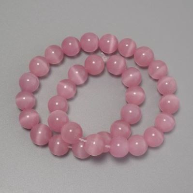 Rosafarbene Katzenaugen-Perlen, synthetische Steine, glatte Kugeln, Durchmesser 12 mm ±, auf Faden, Länge ca. 37 cm+