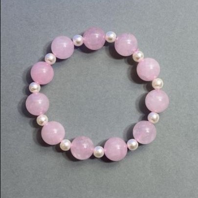 Armband Roséquarz Glatte Kugeln Ø ca. 12 mm ± & Kunstperlen 6 mm ±, Länge 18 cm ± Dehnung