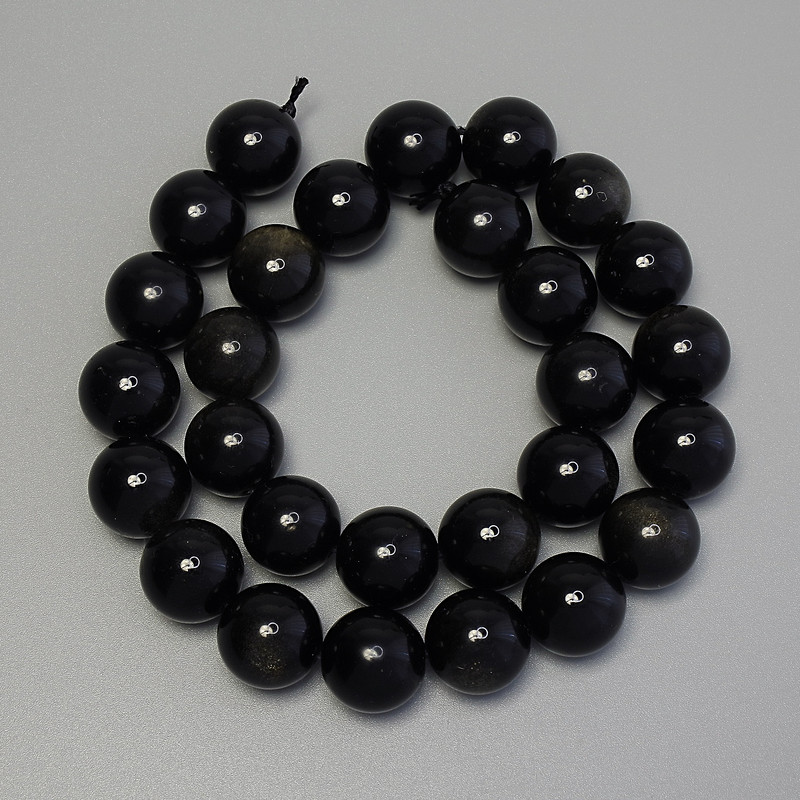 Sonnenobsidian-Perlen, glatte Kugeln, Ø 14 mm ±, auf einer Schnur, Länge ca. 37 cm+