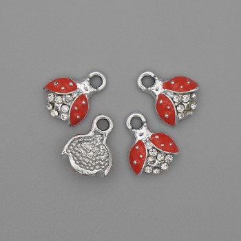 Anhänger Sonnenschein mit Strasssteinen, rote Emaille, silberfarbenes Metall, Durchmesser 10 × 12 mm ± Packung 4 Stück