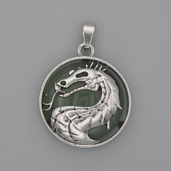 Anhänger Drache im Kreis aus Nephrit, Durchmesser 28 mm ±, Länge 38 mm ±, silberfarbenes Metall