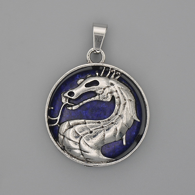 Anhänger Drache im Kreis aus Lazurit, Durchmesser ca. 28 mm, Länge ca. 38 mm, silberfarbiges Metall