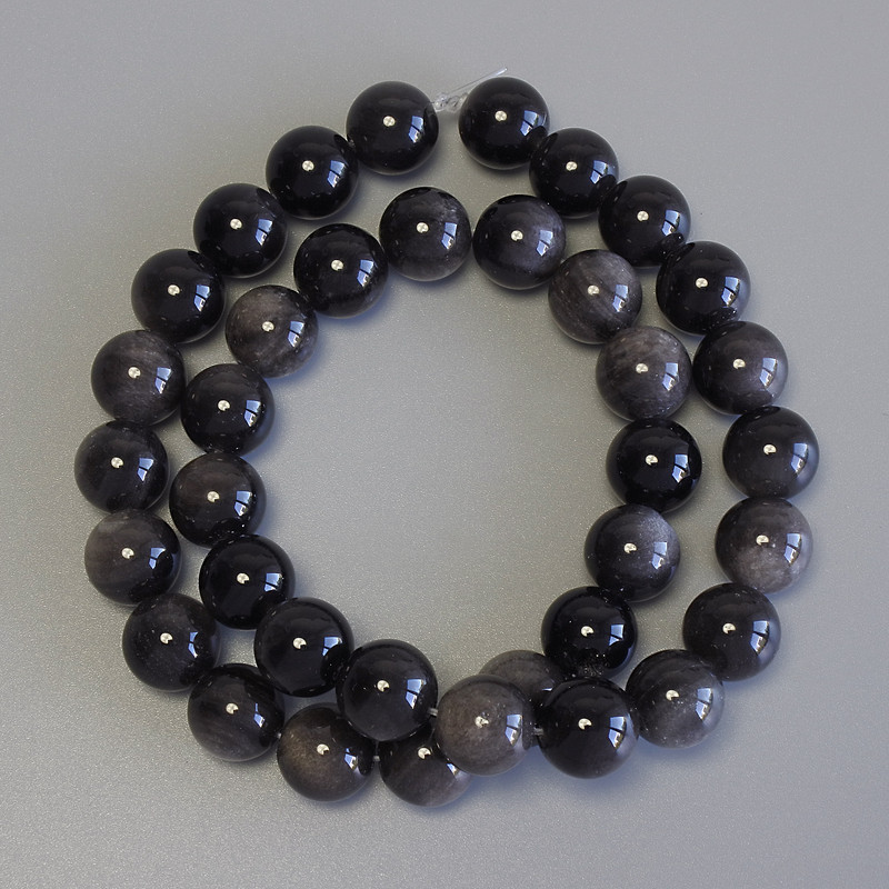 Perlen aus Silber-Obsidian, glatte Kugel, Durchmesser ca. 10,5 mm, auf Schnur, Länge ca. 38 cm+
