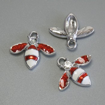 Anhänger Insekt, emailliert, silberfarbenes Metall, Durchmesser ca. 15×16,5 mm, 5 mm ±, Packung 3 Stück