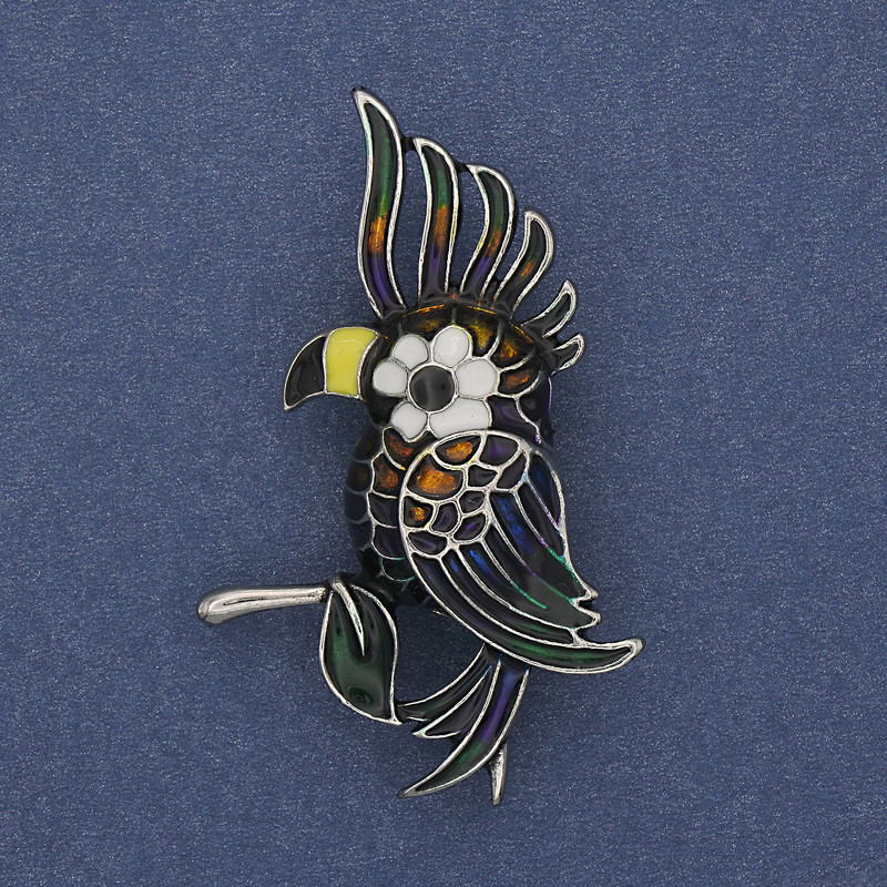 Papageienbrosche mit bunter Emaille, silberfarbenem Metall, 51×31 mm
