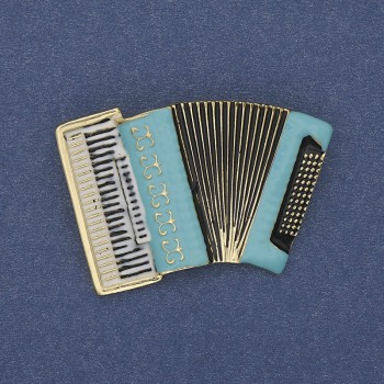 Brosche 'Akkordeon' mit blauem und weißem Emaille, goldfarbenes Metall, 43 × 28 mm+