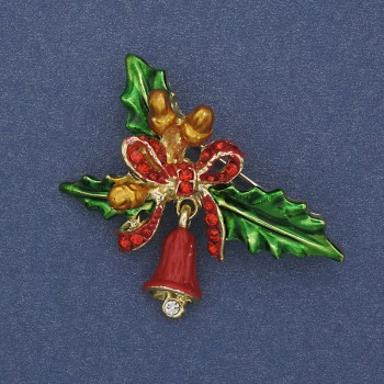 Brosche 'Zweig mit Schleife und Glöckchen' mit Emaille und Strasssteinen, goldfarbenes Metall, 44×30 mm+