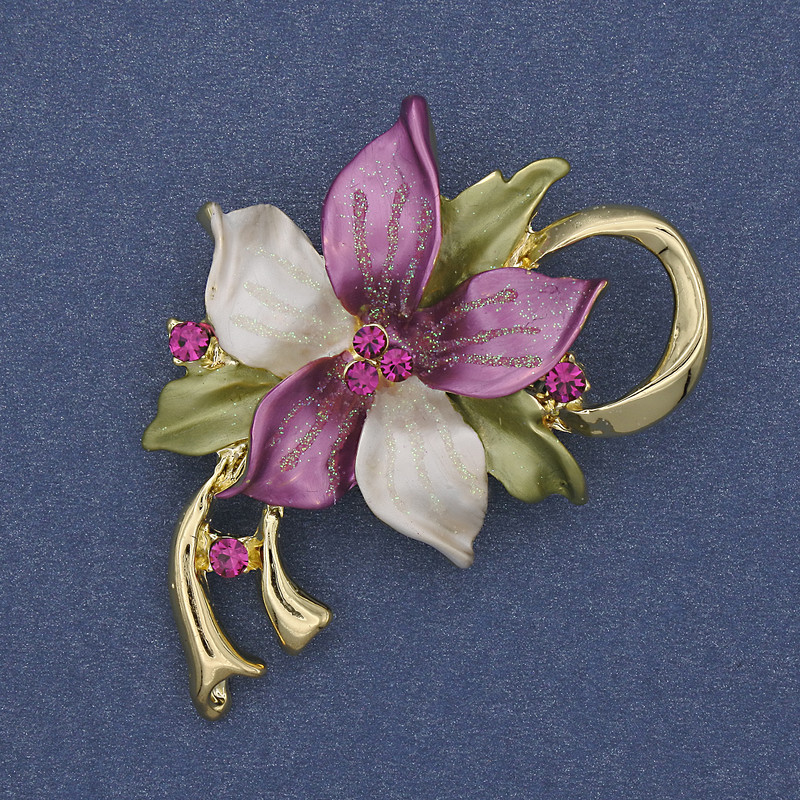 Blumen-Brosche mit Anhänger, farbige Emaille, Strasssteine, goldfarbenes Metall, 50×42 mm+